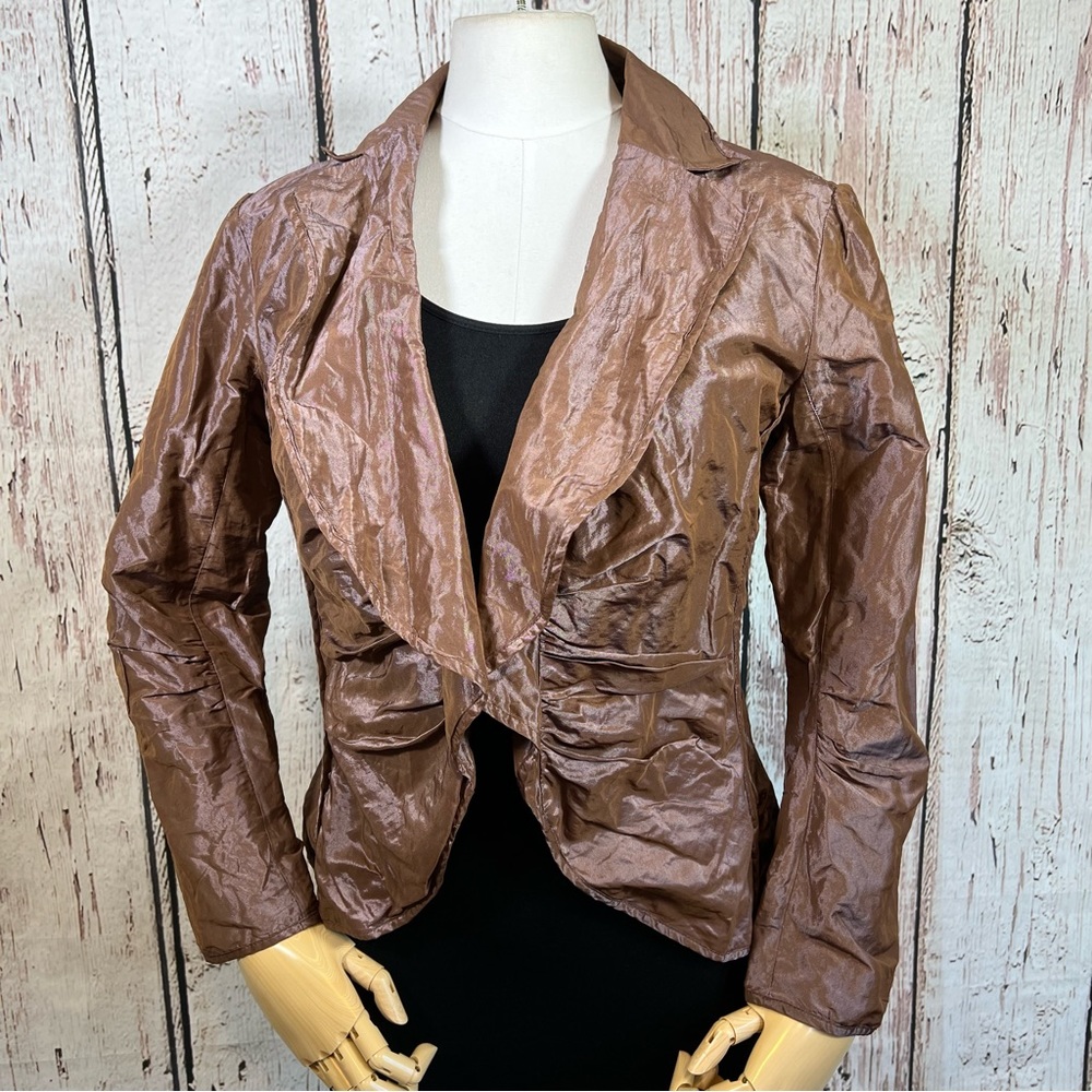 Lida Baday Ruched Metallic Crinkled Puckered Fitted Evening Blazer Jacket SZ 12 - Picture 9 of 16